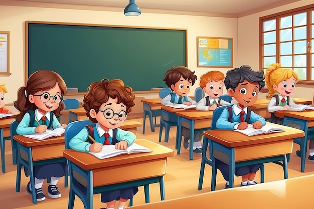 Foto illustration von zeichentrickfilmen von schulkindern, die im klassenzimmer lernen