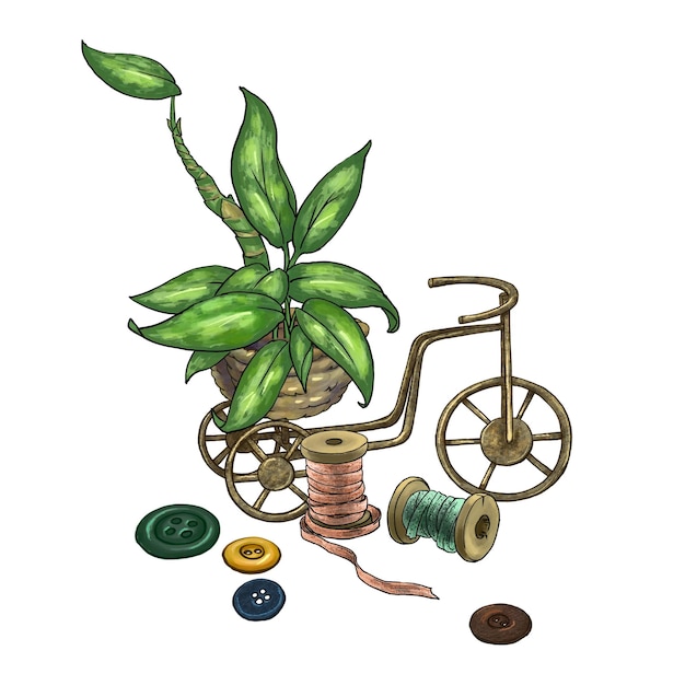 Illustration von Zimmerpflanzen mit verschiedenen Blattständern und anderem Dekor