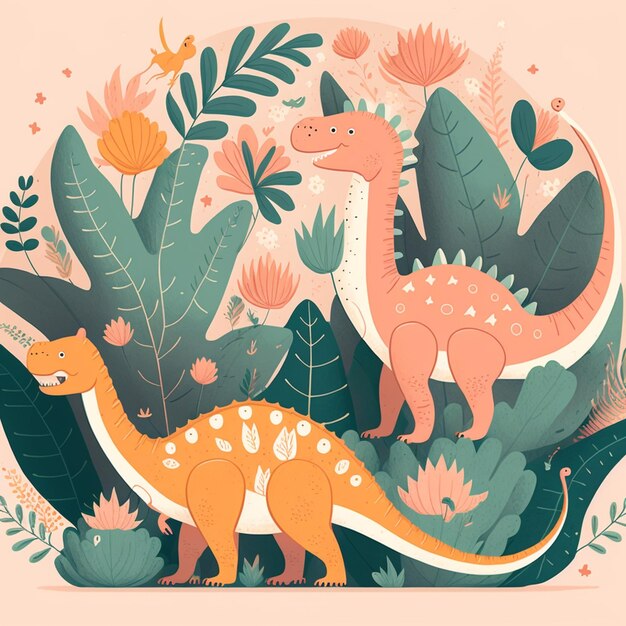 Foto illustration von zwei dinosauriern in einem dschungel mit pflanzen und blumen generative ai