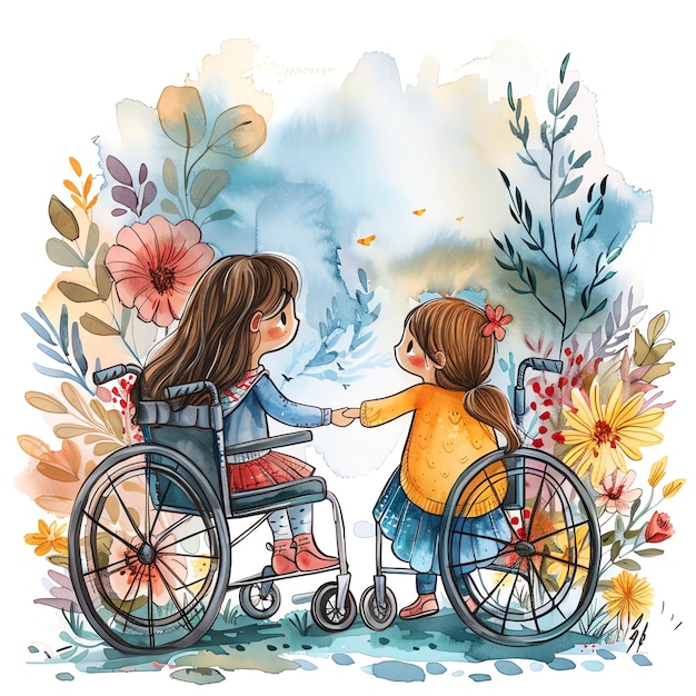 Illustration von zwei kleinen Mädchen im Rollstuhl, die sich an den Händen halten