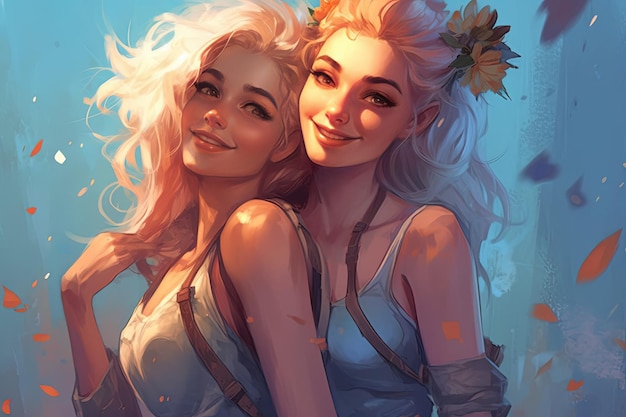 Illustration von zwei lächelnden Mädchen, die einander eine Grußkarte zum Tag der Freundschaft tragen