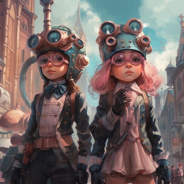 Illustration von zwei Mädchen in Steam-Punk-Outfits, die eine Straße entlang gehen