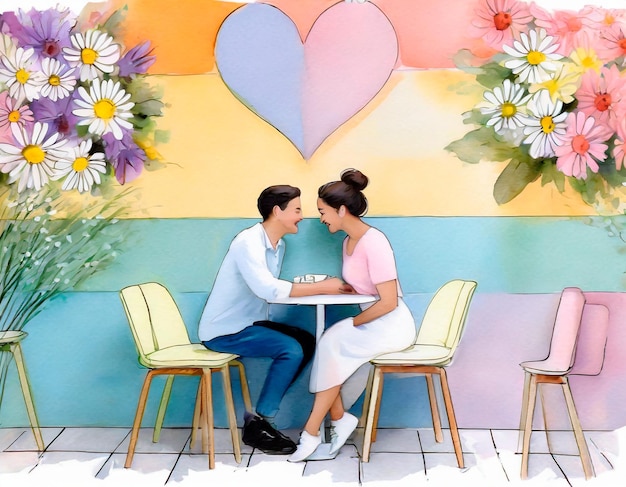 Foto illustration von zwei menschen in pastellfarben beim kaffeetrinken am valentinstag