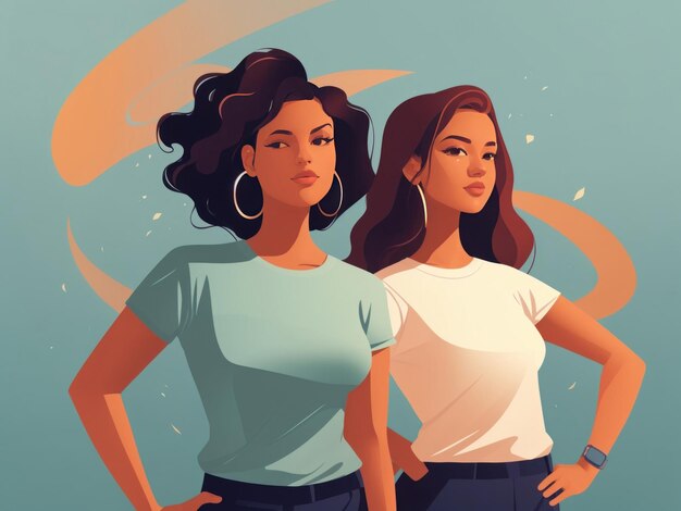 Illustration von zwei starken Mädchen, die isoliert auf dem Hintergrund posieren