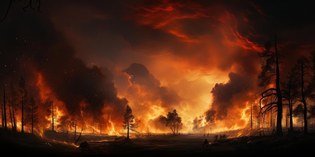 Illustration Waldbrand Wildbrand Landschaft Naturkatastrophe Hintergrund Banner Panorama Brennende Flammen mit Rauchentwicklung und schwarzer Silhouette von Waldbäumen und Feuerwehrleuten