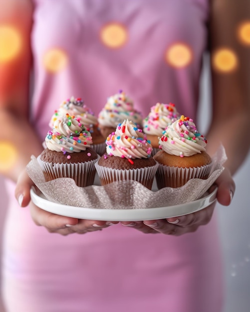 Illustration weiblicher Hände, die Geburtstags-Cupcakes auf einem Tablett halten