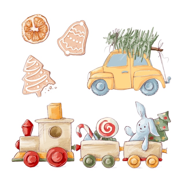 Illustration Weihnachtsset mit Vintage-Spielzeug