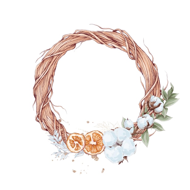 Illustration Weihnachtsset Rahmen aus Winterblumen Weihnachtsstern Baumwolle und Orange