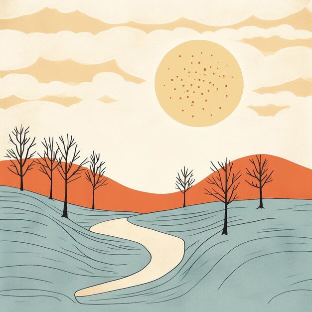 Illustration Winter Sonnenuntergang Landschaft mit Fluss und Bäumen