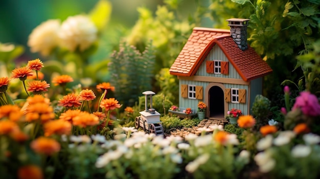 Illustration Zeichentrickfilm süßes Miniaturhaus mit einem Garten voller Blumen