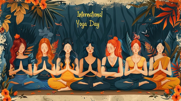Illustration zum Internationalen Tag des Yogas mit meditierenden Frauen