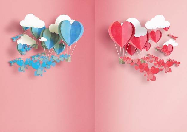 Illustration zum Tag aller Liebenden. Ballons in Blau und Pink sind um sich herum kleine Herzen verstreut.