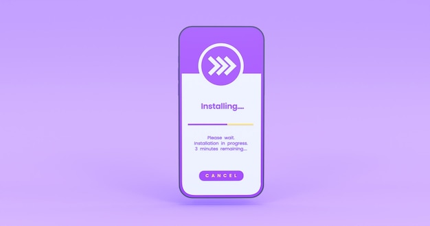 Illustration zur Installation einer mobilen App mit lila Hintergrund 3D-Rendering