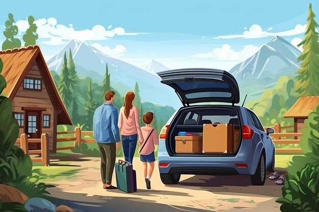 Illustration zur Reisebereitschaft der Familie beim Beladen des Kofferraums