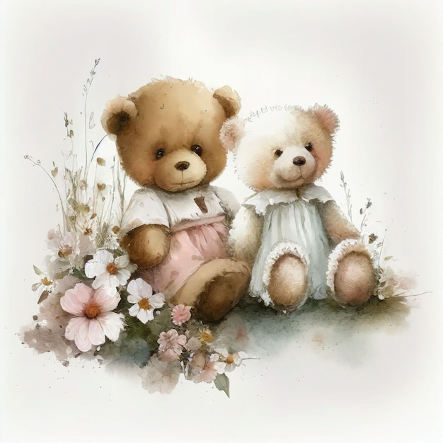 Illustration zwei Teddybären sitzen zusammen im Blumengarten Erstellt mit generativer KI-Technologie