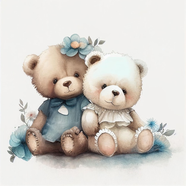 Illustration zwei Teddybären sitzen zusammen im Blumengarten Erstellt mit generativer KI-Technologie