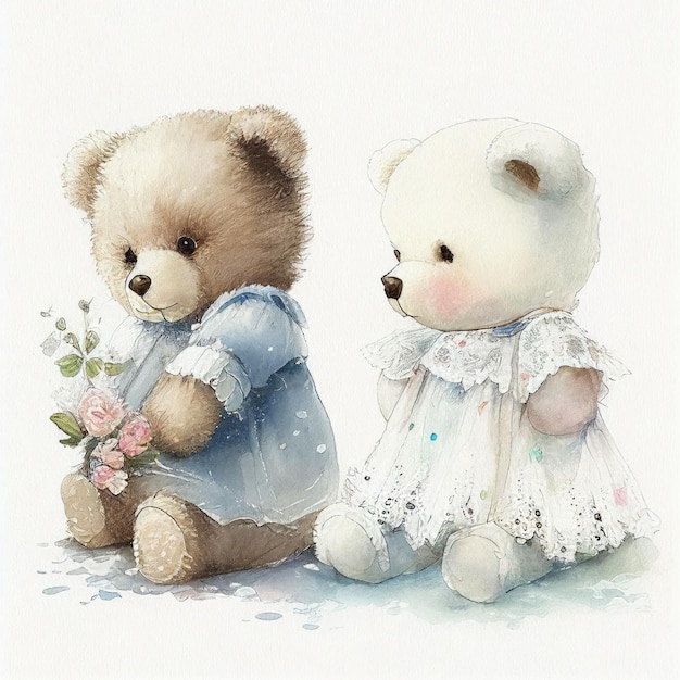 Illustration: Zwei Teddybären sitzen zusammen im Blumengarten, erstellt mit generativer KI-Technologie