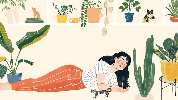 Illustrationen einer entspannten Person, die mit Innenpflanzen auf dem Boden liegt, gemütliche Hausbibliothek und Buch