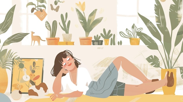 Illustrationen einer entspannten Person, die mit Innenpflanzen auf dem Boden liegt, gemütliche Hausbibliothek und Buch
