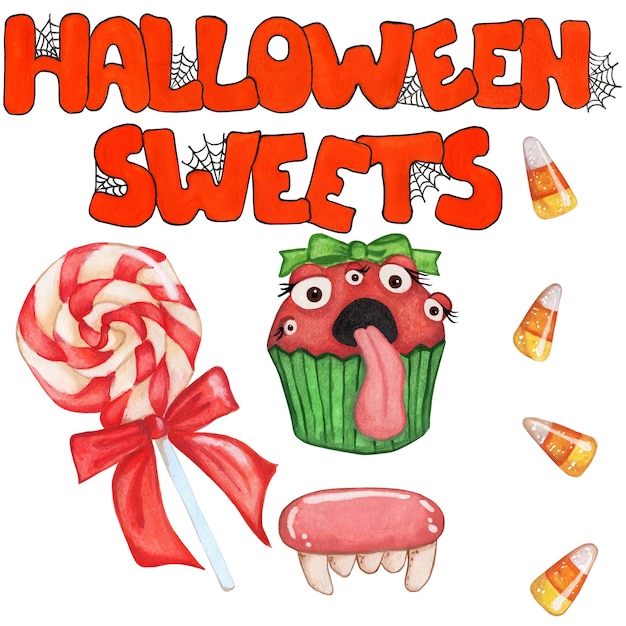 Illustrationen für Halloween orange Text Halloween Süßigkeiten mit Spinnweben Lutscher mit roter Schleife