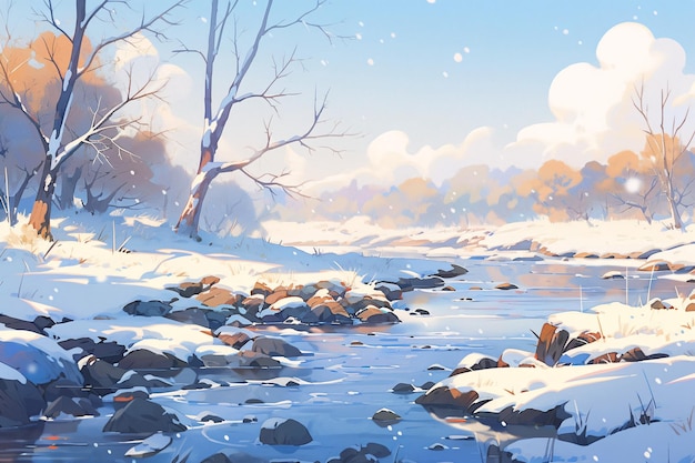 Illustrationen von starken Schneefällen im Winter Illustrationen von Winter-Fluss-Szenen in schneebedeckter Landschaft