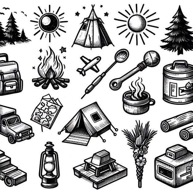 Illustrations-Vektorzeichnungsstil der Camping-Ikonen-Sammlung