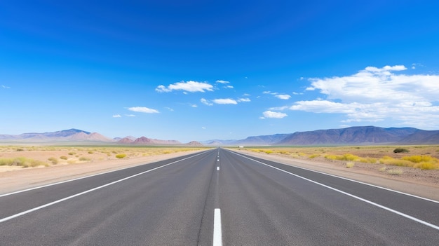 Illustrationsbild einer Landschaft mit Landstraße, leerer Asphaltstraße auf blauem Hintergrund mit bewölktem Himmel. Mehrfarbiges, lebendiges horizontales Bild im Freien, generative KI-Illustration