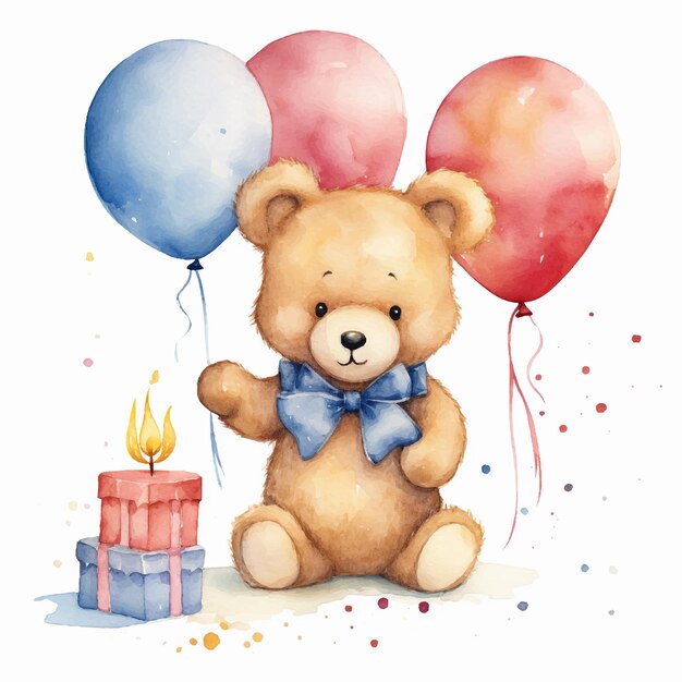 Foto illustrationsbild teddybär mit ballons und kuchen liebenswertes aquarell