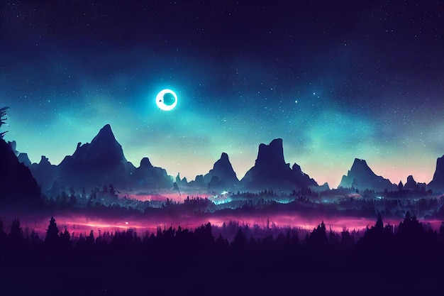 Illustrationsfantasie des Neonwaldes Leuchtend bunter Look wie im Märchen