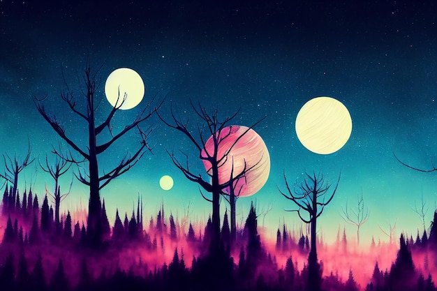 Illustrationsfantasie des neonwaldes leuchtend bunter look wie im märchen