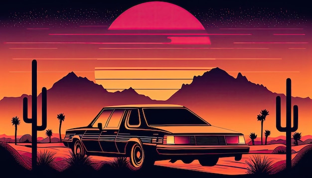 Illustrationshintergrund im 80er-Jahre-Stil, neues Retrowave-Design, orange Retro-Hintergrund, generative KI