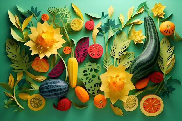 Illustrationshintergrund mit Gemüse im Papierschnitt-Stil Generative KI