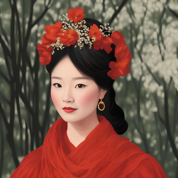 Illustrationsporträt einer asiatischen Frau, die traditionelle Kleidung trägt, generative Kunst von AI