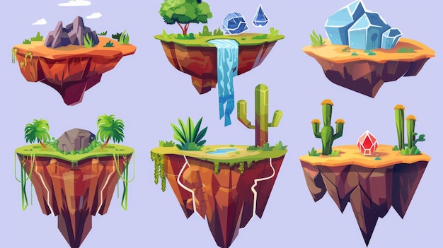 Illustrationssatz von schwimmenden Landinseln für das UI-Design von Spielmappen Karikatur moderne Illustrationssatz von fliegenden Plattformen mit Fels- und Lava-Wald mit Fluss- und Wasserfall-Edelsteinkristall