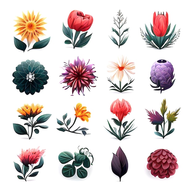 Illustrationsset aus Blumen und Blattvektorstil für Grafiken, die mit generativer KI-Technologie erstellt wurden