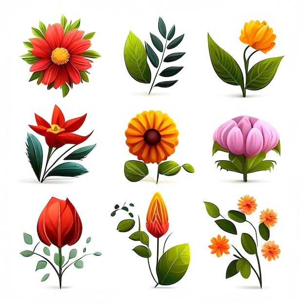 Illustrationsset aus Blumen und Blattvektorstil für Grafiken, die mit generativer KI-Technologie erstellt wurden