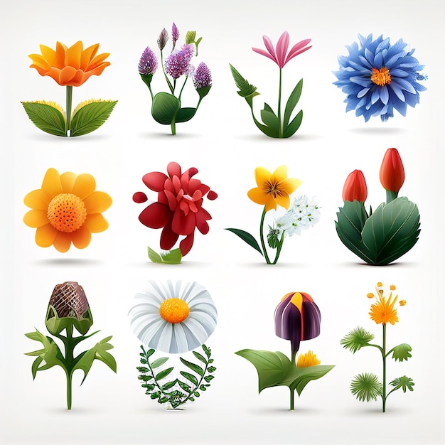 Foto illustrationsset aus blumen und blattvektorstil für grafiken, die mit generativer ki-technologie erstellt wurden