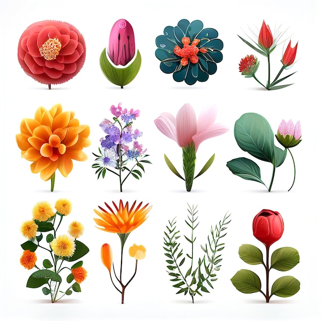 Foto illustrationsset aus blumen und blattvektorstil für grafiken, die mit generativer ki-technologie erstellt wurden