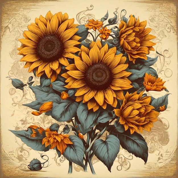 Foto illustrationsvektor aus dem jahrgang sonnenblumen