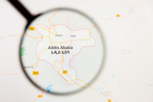 Illustratives Konzept der Stadtvisualisierung Addis Abeba, Äthiopien auf Anzeigebildschirm durch Lupe