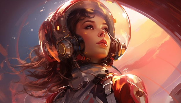Illustrieren Sie ein Mädchen in futuristischer Raumkleidung vielleicht mit einem Helm und einem Jetpack, das den Kosmos erforscht Diese Zeichnung kann Elemente der Science-Fiction und Adve 21 kombinieren
