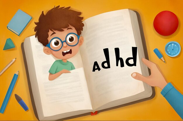 Illustrierte flache Hand geöffnete Buch mit Text ADHD und Junge auf der Seite