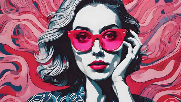 Foto illustrierte frau mit roter brille und rosa hintergrund mit einem muster aus wellenformen im pop-art-stil