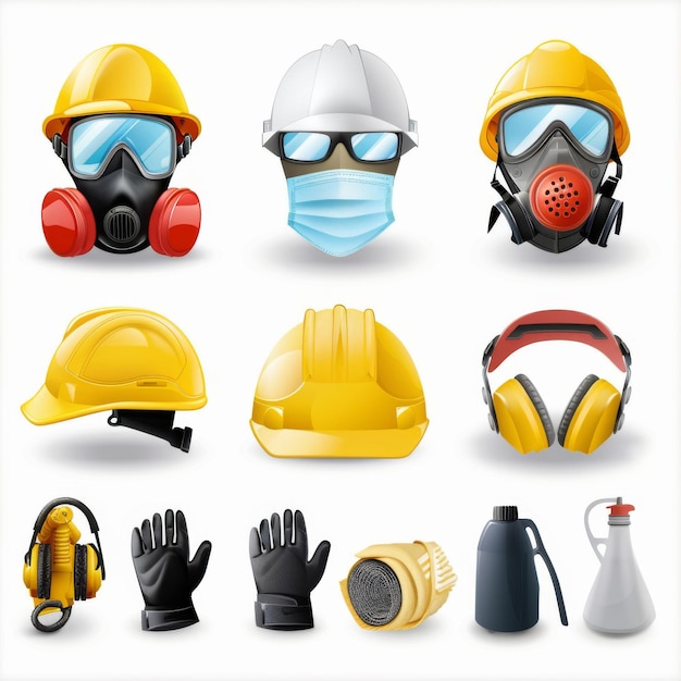 Illustriertes Set verschiedener Sicherheitshelme und Schutzmasken für den industriellen Gebrauch
