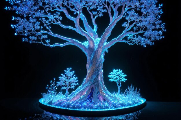 Foto se ilumina un árbol con las raíces del árbol.