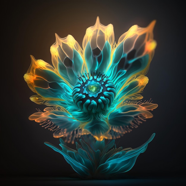 Se ilumina una flor con un centro azul y amarillo.