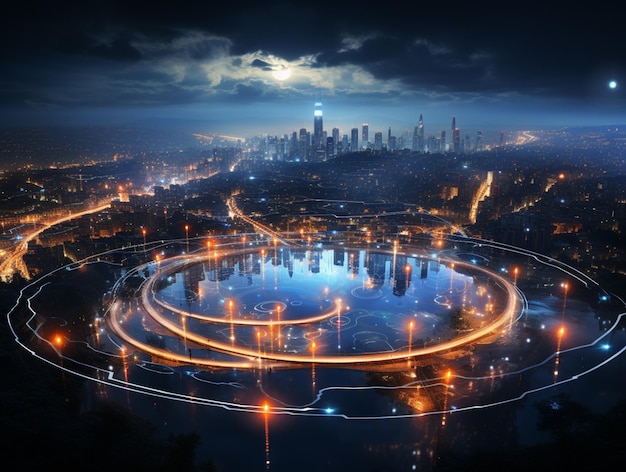 iluminação circular na cidade futurista à noite no estilo de linhas fluídas