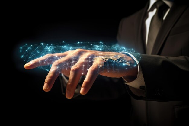 Iluminação conexões transparentes em homem de negócios mãos internet e conceito de comunicação