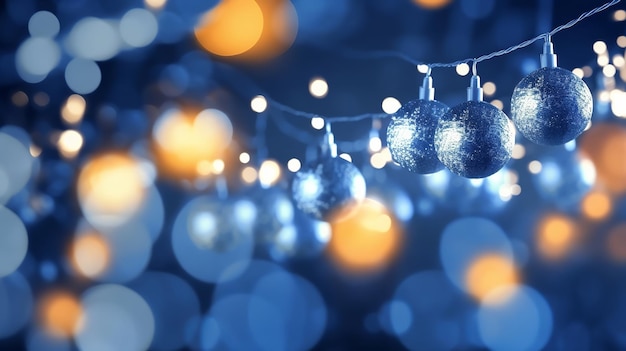 Iluminação de evento e conceito de embelezamento guirlanda de natal bokeh luzes sobre estabelecimento azul sombrio gerado por IA