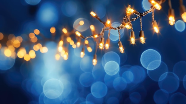 Iluminação de férias e conceito de decoração guirlanda de natal bokeh luzes sobre fundo azul escuro